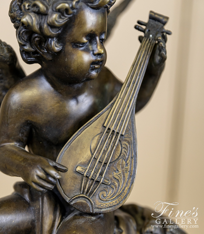 Bronze Statues  - Bronze Cherub With Lute Statue - BS-844